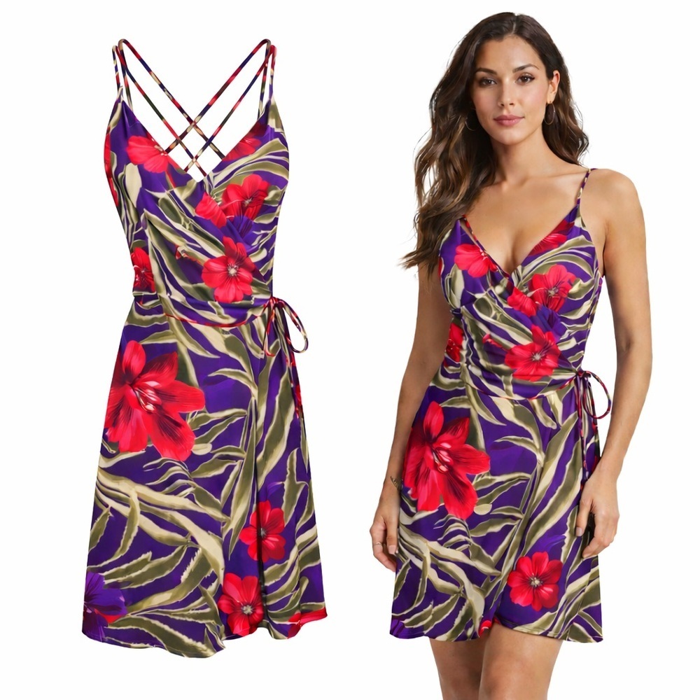 Express | Tropical Floral Strappy Wrap Dress Purple Red Green Size 5/6